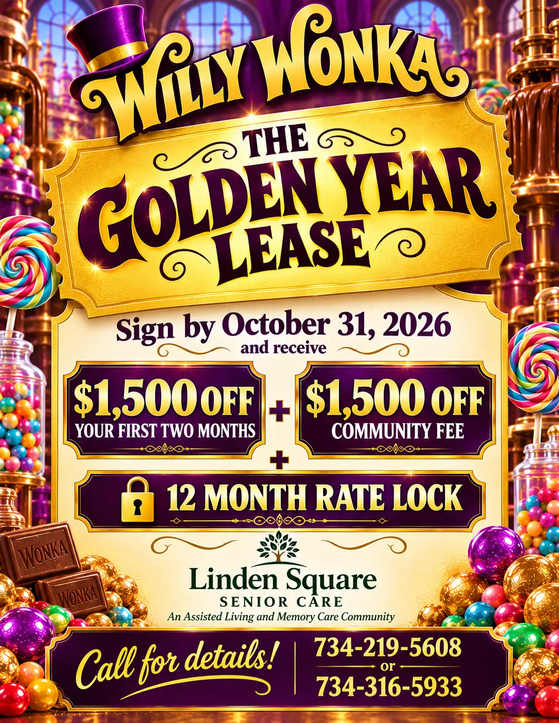 Willy Wonka themed Linden Square Senior Care offering $1,500 off first 2 months and community fee plus 12-month rate lock